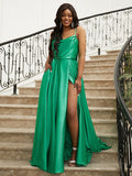 A-Line/Princess Silk like Satin Ruffles Spaghetti Straps Sleeveless Sweep/Brush Train Dresses Prom Evening Dress