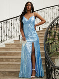 Sheath/Column Sequins Ruched V-neck Sleeveless Floor-Length Dresses Prom Evening Dress