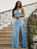 Sheath/Column Sequins Ruched V-neck Sleeveless Floor-Length Dresses Prom Evening Dress