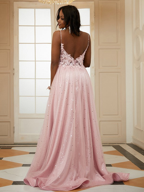 A-Line/Princess Tulle Applique V-neck Sleeveless Sweep/Brush Train Dresses Prom Evening Dress