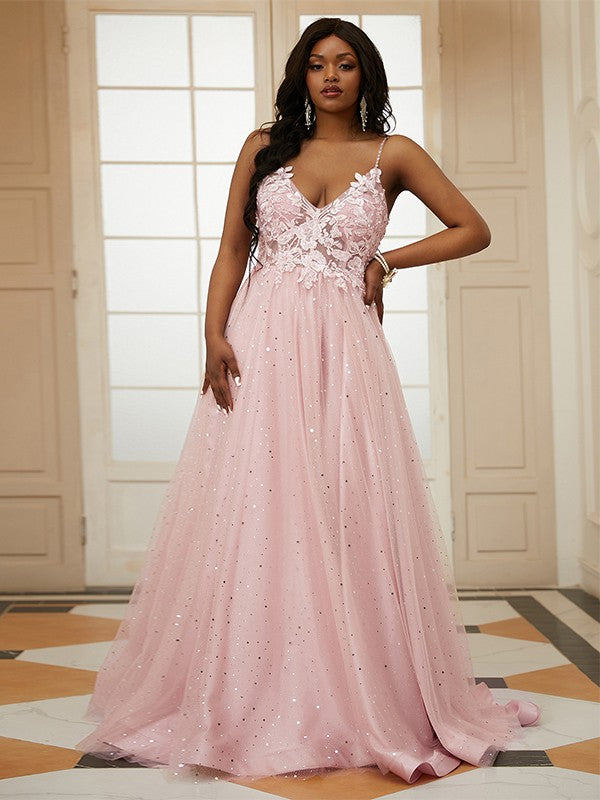 A-Line/Princess Tulle Applique V-neck Sleeveless Sweep/Brush Train Dresses Prom Evening Dress