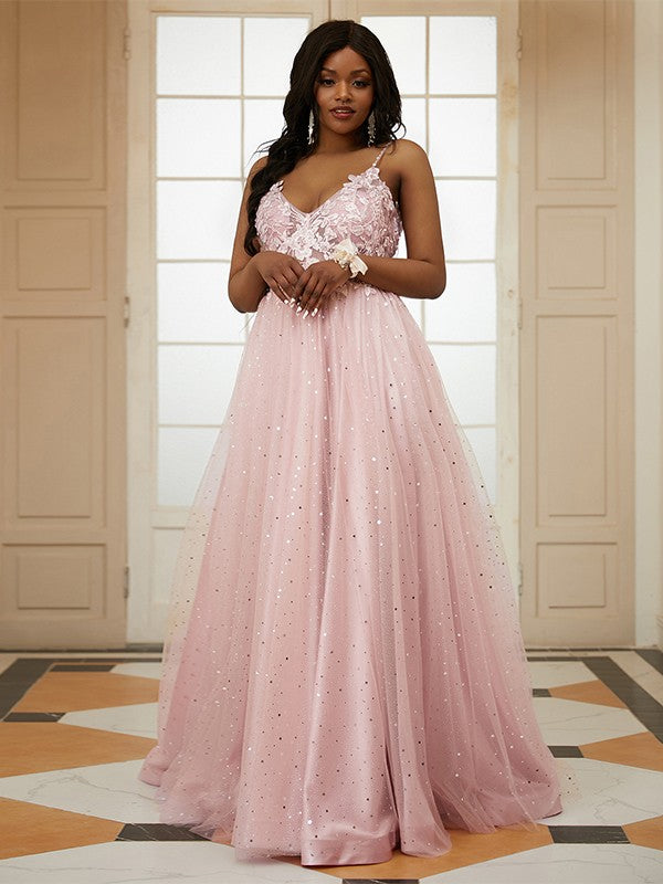A-Line/Princess Tulle Applique V-neck Sleeveless Sweep/Brush Train Dresses Prom Evening Dress