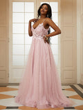 A-Line/Princess Tulle Applique V-neck Sleeveless Sweep/Brush Train Dresses Prom Evening Dress