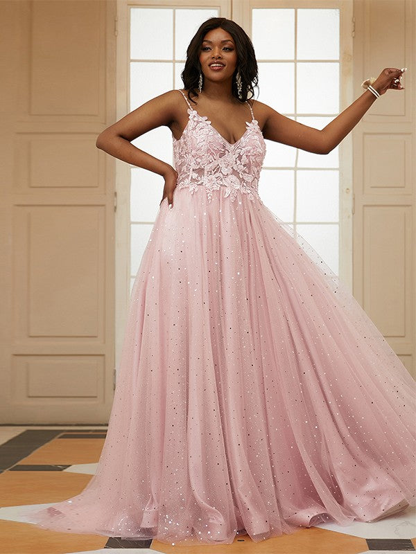 A-Line/Princess Tulle Applique V-neck Sleeveless Sweep/Brush Train Dresses Prom Evening Dress