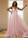A-Line/Princess Tulle Applique V-neck Sleeveless Sweep/Brush Train Dresses Prom Evening Dress