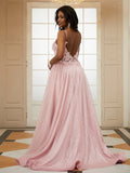 A-Line/Princess Tulle Applique V-neck Sleeveless Sweep/Brush Train Dresses Prom Evening Dress