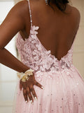A-Line/Princess Tulle Applique V-neck Sleeveless Sweep/Brush Train Dresses Prom Evening Dress
