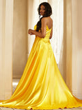A-Line/Princess Silk like Satin Ruched V-neck Sleeveless Sweep/Brush Train Dresses Prom Evening Dress