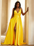A-Line/Princess Silk like Satin Ruched V-neck Sleeveless Sweep/Brush Train Dresses Prom Evening Dress