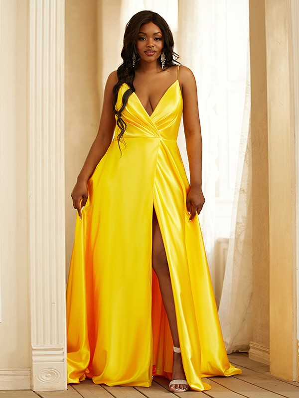 A-Line/Princess Silk like Satin Ruched V-neck Sleeveless Sweep/Brush Train Dresses Prom Evening Dress
