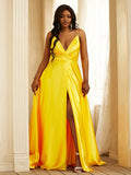 A-Line/Princess Silk like Satin Ruched V-neck Sleeveless Sweep/Brush Train Dresses Prom Evening Dress