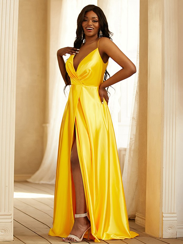 A-Line/Princess Silk like Satin Ruched V-neck Sleeveless Sweep/Brush Train Dresses Prom Evening Dress