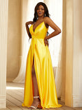 A-Line/Princess Silk like Satin Ruched V-neck Sleeveless Sweep/Brush Train Dresses Prom Evening Dress