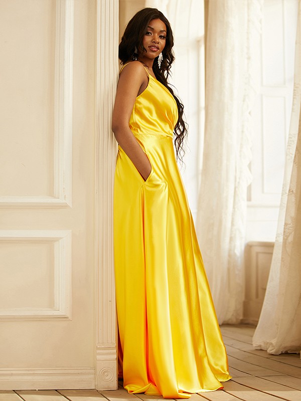 A-Line/Princess Silk like Satin Ruched V-neck Sleeveless Sweep/Brush Train Dresses Prom Evening Dress