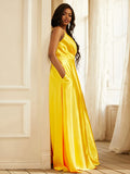 A-Line/Princess Silk like Satin Ruched V-neck Sleeveless Sweep/Brush Train Dresses Prom Evening Dress