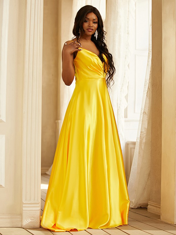 A-Line/Princess Silk like Satin Ruched V-neck Sleeveless Sweep/Brush Train Dresses Prom Evening Dress