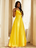 A-Line/Princess Silk like Satin Ruched V-neck Sleeveless Sweep/Brush Train Dresses Prom Evening Dress
