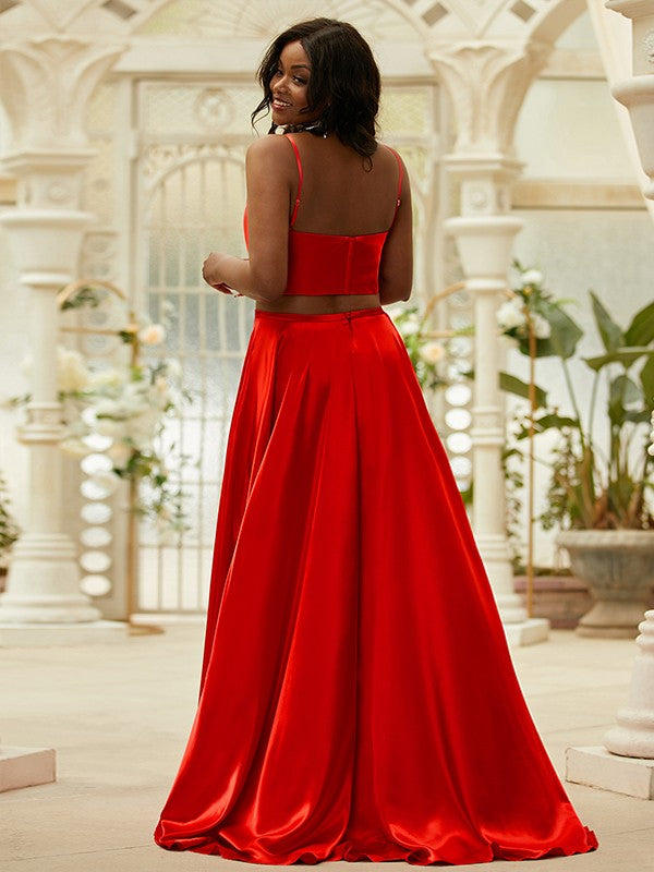 Vestido de noche de graduación de dos piezas, corte A/princesa, satén tipo seda, volantes, tirantes finos, sin mangas, cola larga