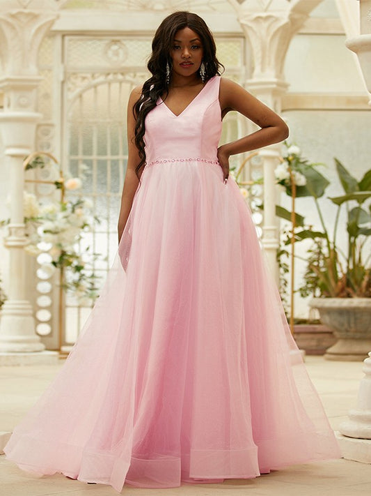 A-Line/Princess Ruffles V-neck Sleeveless Floor-Length Dresses Prom Evening Dress