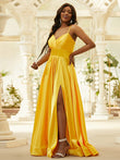 A-Line/Princess Silk like Satin Ruffles V-neck Sleeveless Floor-Length Evening Dresses Prom Dress
