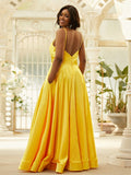A-Line/Princess Silk like Satin Ruffles V-neck Sleeveless Floor-Length Evening Dresses Prom Dress