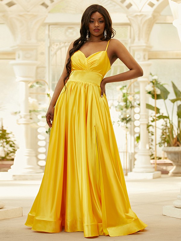 A-Line/Princess Silk like Satin Ruffles V-neck Sleeveless Floor-Length Evening Dresses Prom Dress