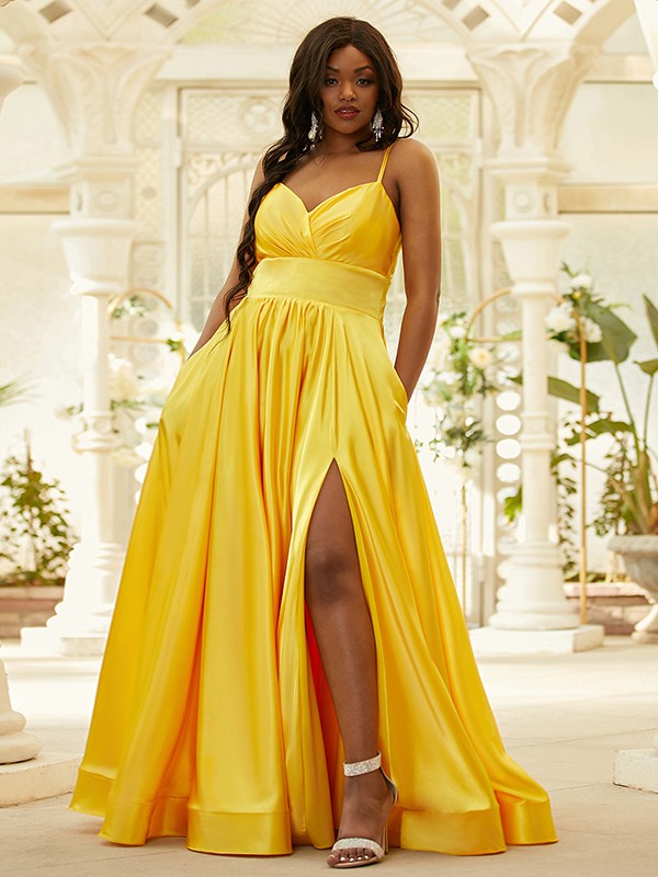 A-Line/Princess Silk like Satin Ruffles V-neck Sleeveless Floor-Length Evening Dresses Prom Dress