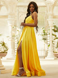 A-Line/Princess Silk like Satin Ruffles V-neck Sleeveless Floor-Length Evening Dresses Prom Dress