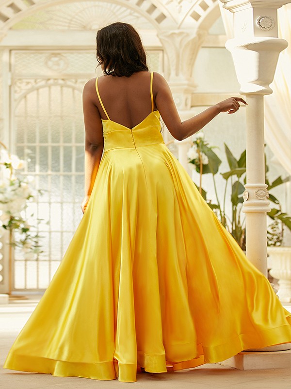 A-Line/Princess Silk like Satin Ruffles V-neck Sleeveless Floor-Length Evening Dresses Prom Dress