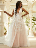 A-Line/Princess Tulle Applique V-neck Sleeveless Floor-Length Dresses Prom Evening Dress