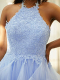Vestido de noche de graduación con corte A/princesa, de tul, con apliques, halter, sin mangas y largo hasta el suelo