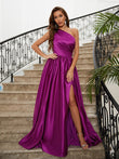 A-Line/Princess Satin Ruffles One-Shoulder Sleeveless Sweep/Brush Train Dresses Prom Evening Dress