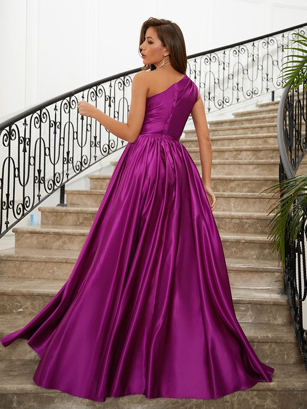 A-Line/Princess Satin Ruffles One-Shoulder Sleeveless Sweep/Brush Train Dresses Prom Evening Dress