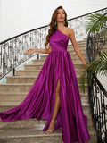 A-Line/Princess Satin Ruffles One-Shoulder Sleeveless Sweep/Brush Train Dresses Prom Evening Dress