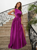 A-Line/Princess Satin Ruffles One-Shoulder Sleeveless Sweep/Brush Train Dresses Prom Evening Dress