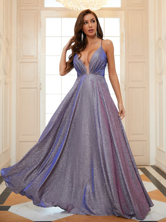 A-Line/Princess Ruched V-neck Sleeveless Floor-Length Dresses Prom Evening Dress