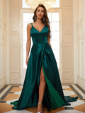 A-Line/Princess Silk like Satin Ruffles V-neck Sleeveless Court Train Dresses Prom Evening Dress