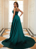 A-Line/Princess Silk like Satin Ruffles V-neck Sleeveless Court Train Dresses Prom Evening Dress
