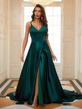 A-Line/Princess Silk like Satin Ruffles V-neck Sleeveless Court Train Dresses Prom Evening Dress