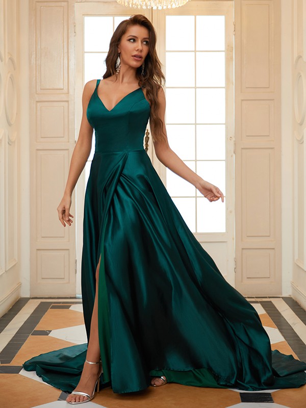 A-Line/Princess Silk like Satin Ruffles V-neck Sleeveless Court Train Dresses Prom Evening Dress
