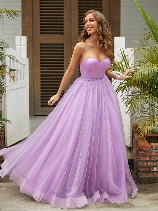 A-Line/Princess Tulle Ruffles Sweetheart Sleeveless Floor-Length Dresses Prom Evening Dress