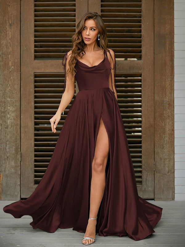 Vestido de noche de graduación, corte A/princesa, satén tipo seda, volantes, tirantes finos, sin mangas, con cola larga