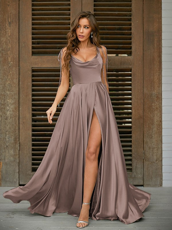 Vestido de noche de graduación, corte A/princesa, satén tipo seda, volantes, tirantes finos, sin mangas, con cola larga