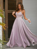 A-Line/Princess Applique V-neck Sleeveless Floor-Length Dresses Prom Evening Dress