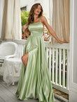 A-Line/Princess Silk like Satin Ruffles Spaghetti Straps Sleeveless Sweep/Brush Train Dresses Prom Evening Dress