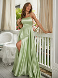 A-Line/Princess Silk like Satin Ruffles Spaghetti Straps Sleeveless Sweep/Brush Train Dresses Prom Evening Dress