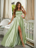 A-Line/Princess Silk like Satin Ruffles Spaghetti Straps Sleeveless Sweep/Brush Train Dresses Prom Evening Dress