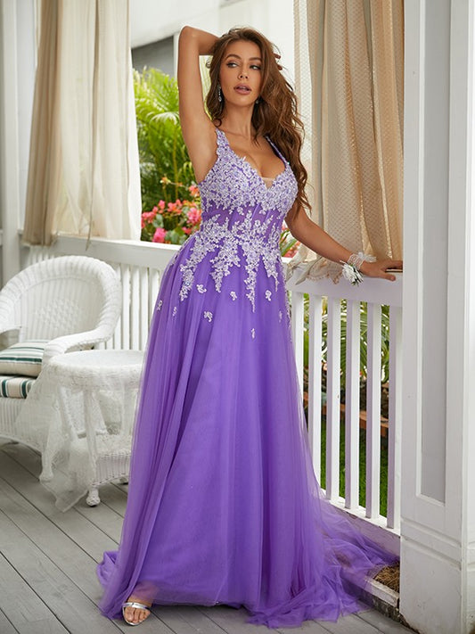 A-Line/Princess Tulle Applique V-neck Sleeveless Sweep/Brush Train Dresses Prom Evening Dress
