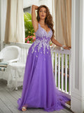 A-Line/Princess Tulle Applique V-neck Sleeveless Sweep/Brush Train Dresses Prom Evening Dress