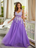 A-Line/Princess Tulle Applique V-neck Sleeveless Sweep/Brush Train Dresses Prom Evening Dress